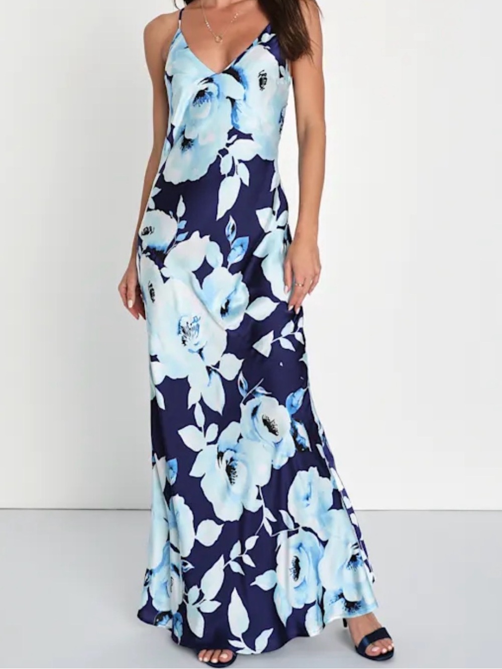 New with Tags – Lulus Graceful Aura Navy Blue Floral Satin Cutout Slip Maxi Dres - Picture 5 of 5